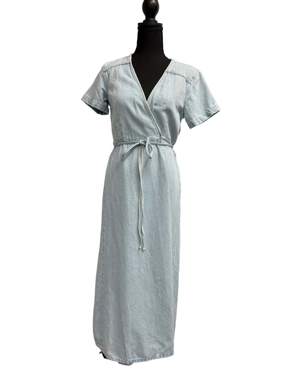 Zara Dress Pale Blue Denim Wrap Maxi Dress with Short Sleeves